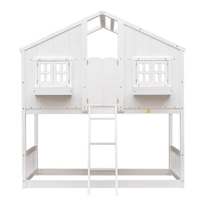 Twin over Twin House Bunk Bed with Roof , Window, Window  Box, Door , with Safety Guardrails and Ladder,White