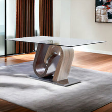 Load image into Gallery viewer, 71" Glass And Stainless Steel And Manufactured Wood Pedestal Base Dining Table - Brown
