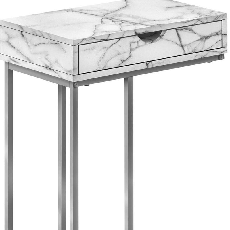 Faux Marble And Iron End Table With Drawer - Gray White And Silver