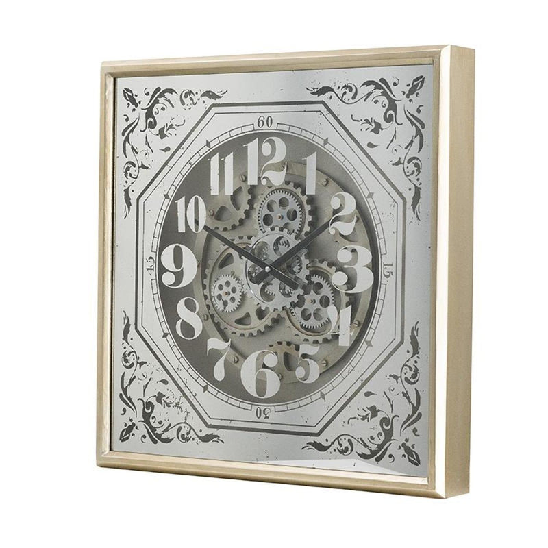 Square Mirror Exposed Gear Wall Clock - Gold / Silver