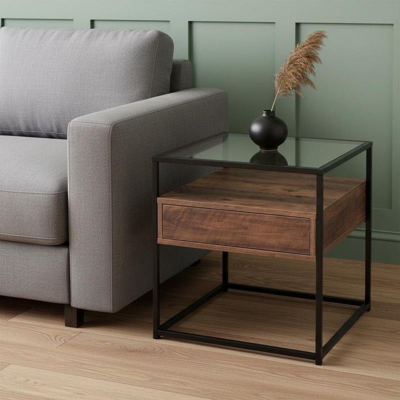 Glass Iron Square End Table With Drawer With Shelf - Black