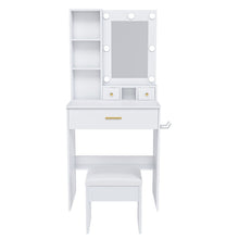 Load image into Gallery viewer, Vanity Table With Mirror, Adjustable LED Lights, Power Outlet, Hairdryer Holder &amp; Stool
