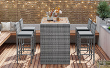 Load image into Gallery viewer, GO 5-pieces Outdoor Patio Wicker Bar Set, Bar Height Chairs With Non-Slip Feet And Fixed Rope, Removable Cushion, Acacia Wood Table Top, Brown Wood And Gray Wicker
