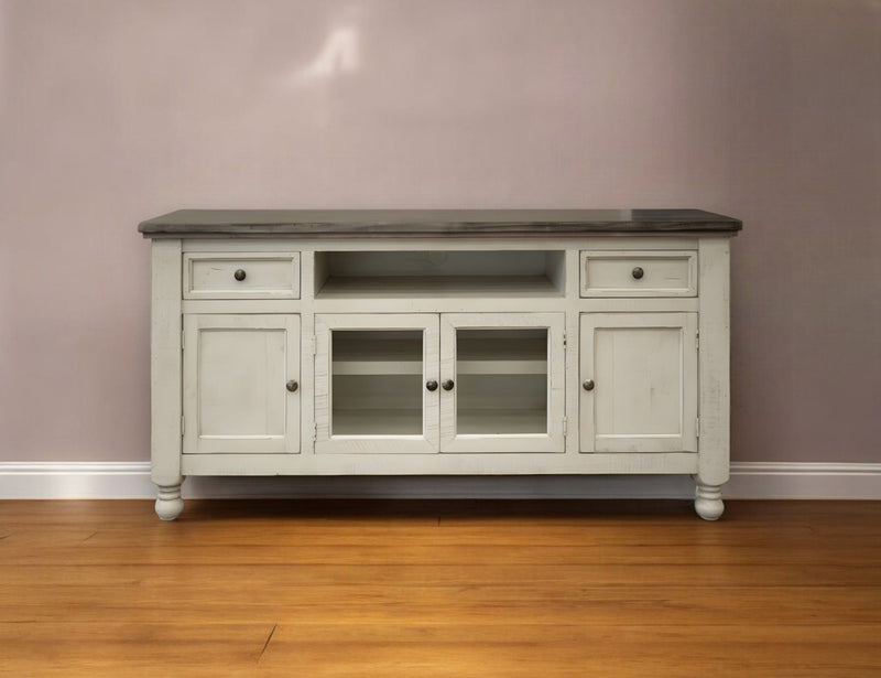 Wood Open Shelving Distressed TV Stand - Ivory