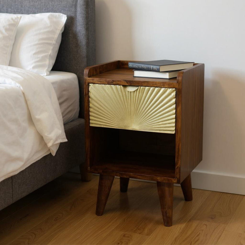 20" Solid Wood Carved Geometric One Drawer Nightstand - Chestnut And Gold