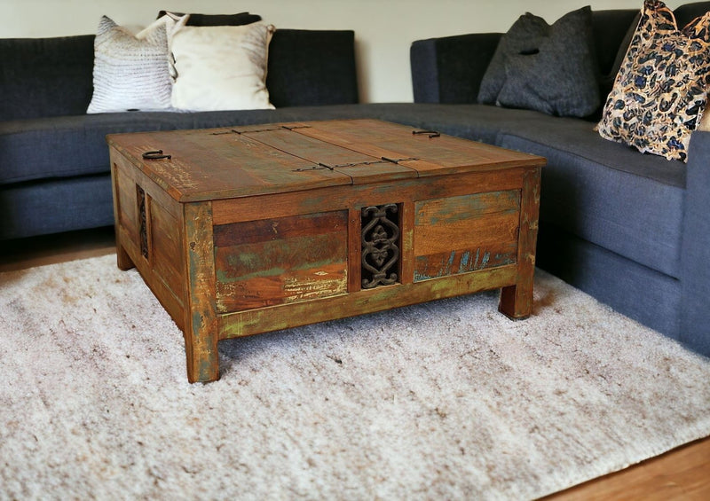 Reclaimed Wood Square Lift Top Coffee Table - Rustic Brown