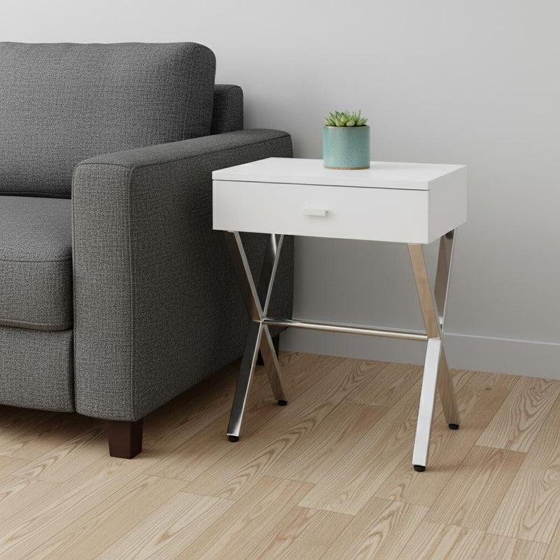 Wood And Metal End Table With Drawer - Silver And White