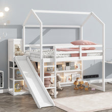Load image into Gallery viewer, House Loft Bed With Slide, Storage Shelves And Light, Climbing Ramp
