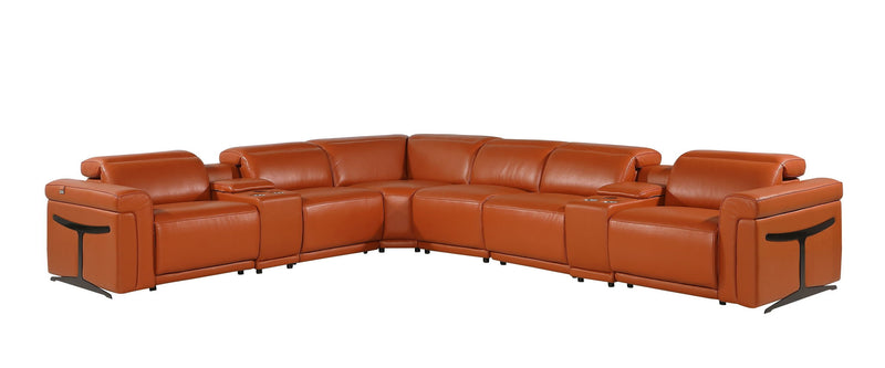 Italian Leather Modular L-Shaped Eight Piece Corner Sectional With Console - Camel