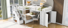 Load image into Gallery viewer, Twin-Twin over Full L-Shaped Bunk Bed With 3 Drawers, Portable Desk and Wardrobe, White
