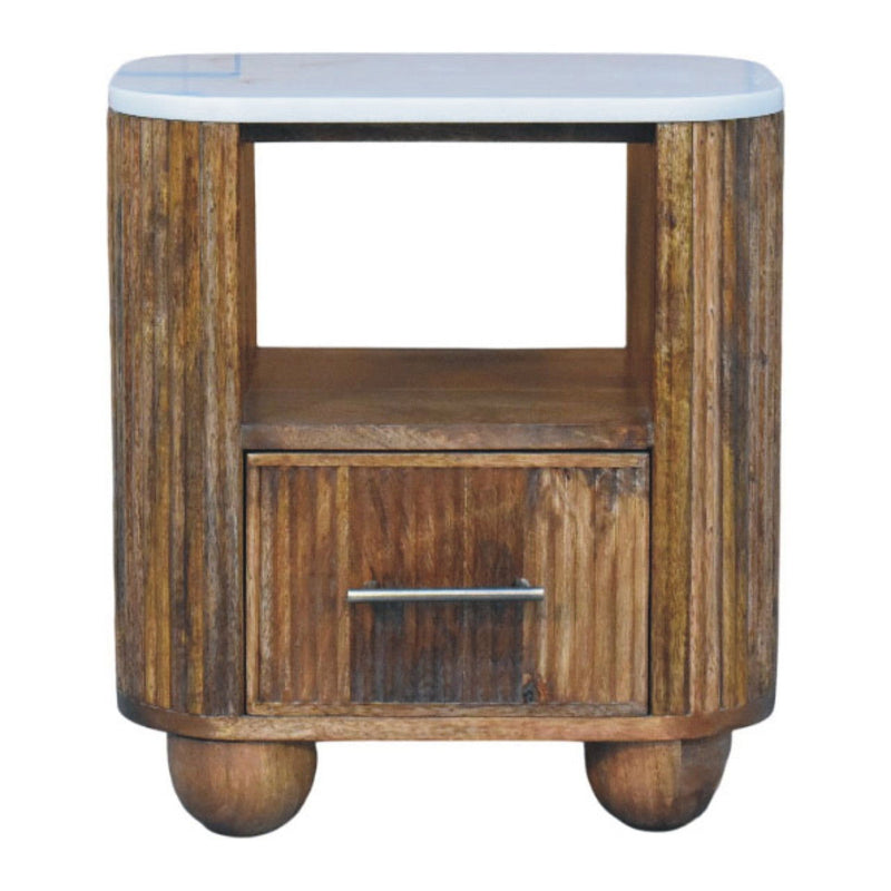 Solid Wood And Marble One Drawer Nightstand - Brown