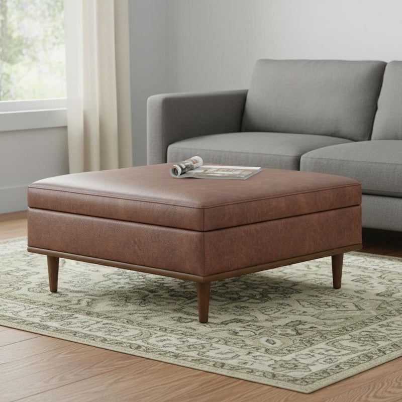 38" Leather Cocktail Ottoman With Storage - Brown