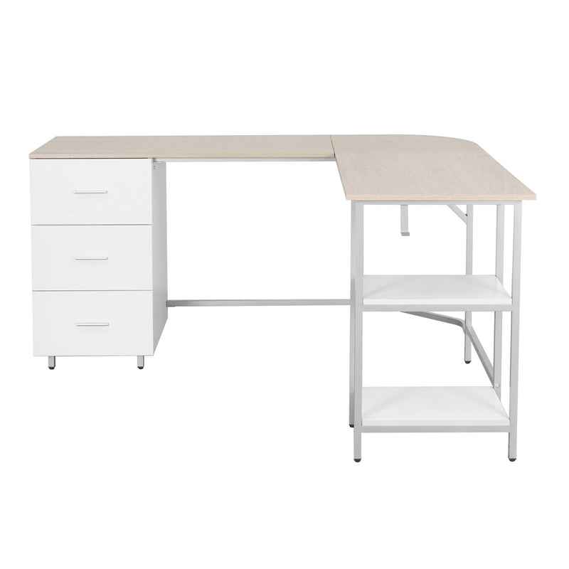 L Shape Pedestal Computer Desk With Three Drawers - Sand / Silver / White