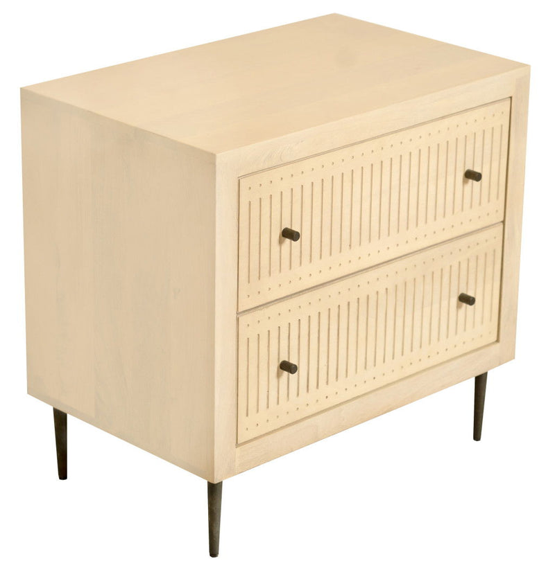 Solid Wood Distressed Carved Geometric Two Drawer Nightstand - Natural