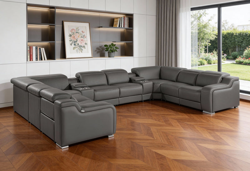 Italian Leather Power Reclining U-Shaped Ten Piece Corner Sectional With Console - Dark Gray
