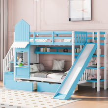 Load image into Gallery viewer, Twin-Over-Twin Castle Style Bunk Bed with 2 Drawers 3 Shelves and Slide - Blue
