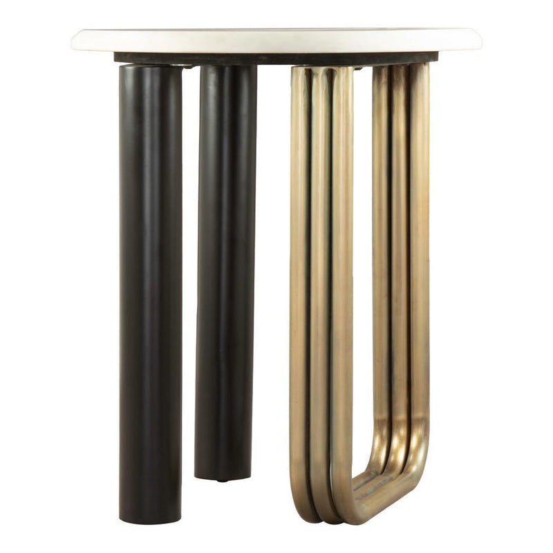 Marble And Iron Round Sled End Table - White Black And Gold