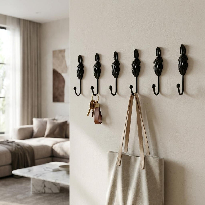 Steel Feather Wall Hooks (Set of 6) - Black