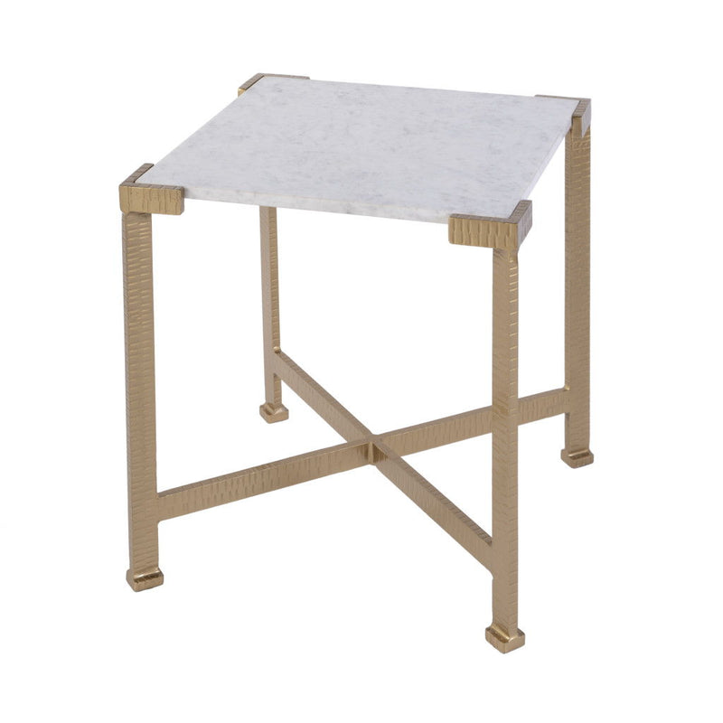 20" Distressed Marble And Iron Square End Table - White And Antiqued Gold