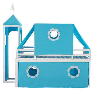 Twin Size Bunk Bed with Slide Blue Tent and Tower - Blue