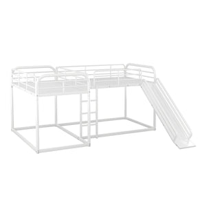 Full and Twin Size L-Shaped Bunk Bed with Slide and Short Ladder, White