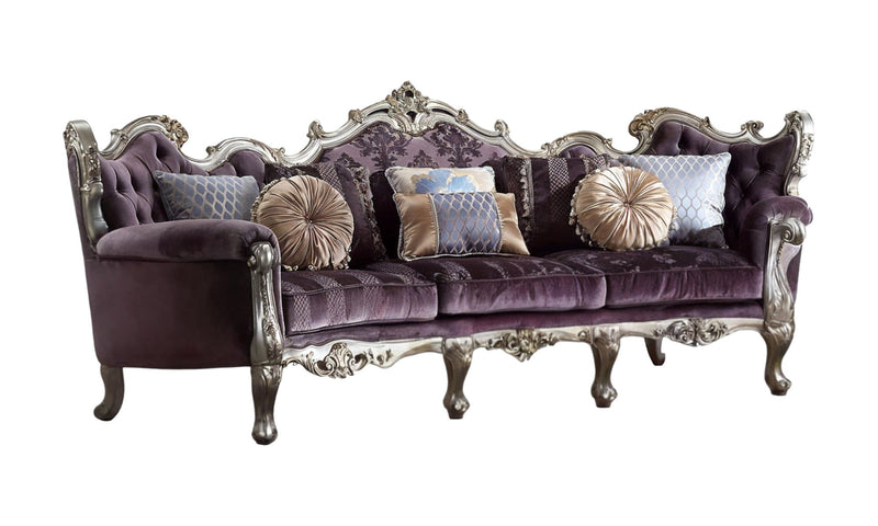 Velvet Curved Striped Sofa And Toss Pillows With Platinum Legs - Dark Purple