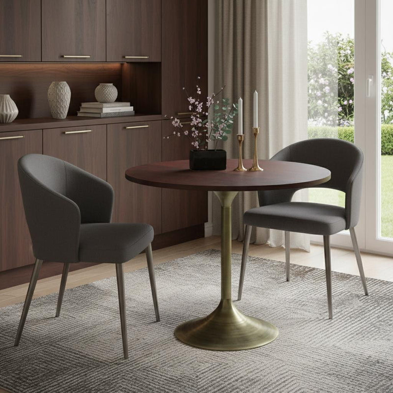 Solid Wood Iron Pedestal Base Round Top Dining Table - Walnut / Brass