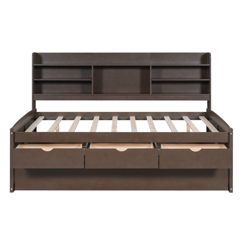Captain Bed With Built In Bookshelves, 3 Storage Drawers, And Trundle