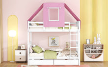 Load image into Gallery viewer, Twin Over Twin Bunk Bed Wood Bed with Tent and Drawers, White+Pink Tent
