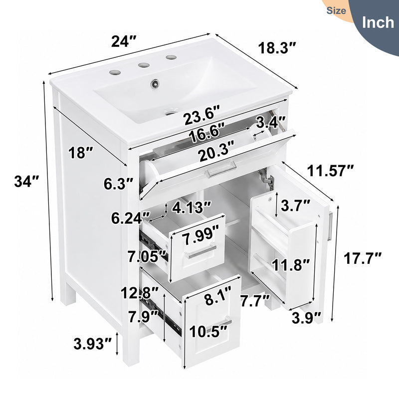 Modern Bathroom Vanity With Sink, Flip Drawer & 2 Drawers, Soft Close Hinges, Adjustable Shelf
