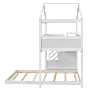 Twin over Full House Bunk Bed with Storage Staircase and Blackboard,White(Old SKU: GX001701AAK)