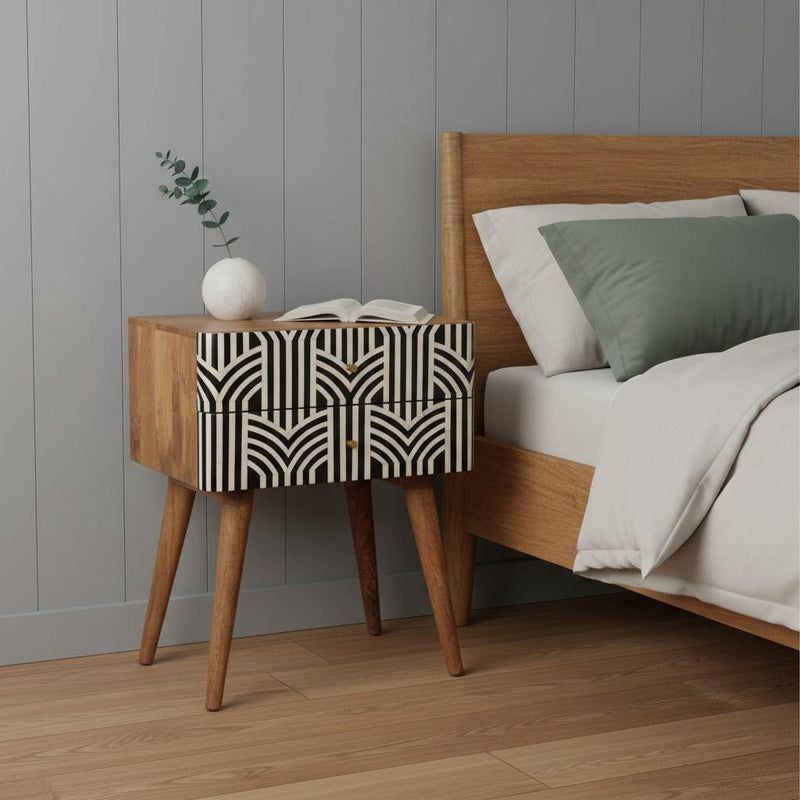 Solid Wood Geometric Bone Inlay Two Drawer Nightstand - Black / Ivory / Natural