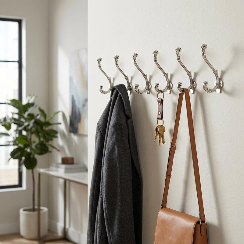 Cast Iron Baroque Scroll Wall Hooks (Set of 6) - Silver