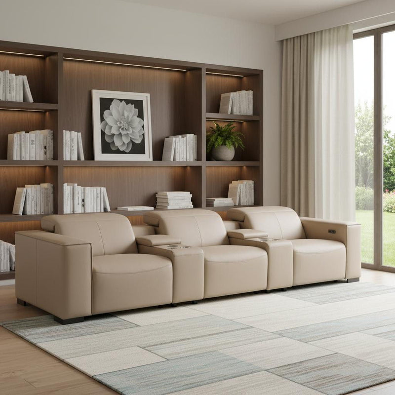 Top Grain Leather Reclining USB Sofa Storage - Beige