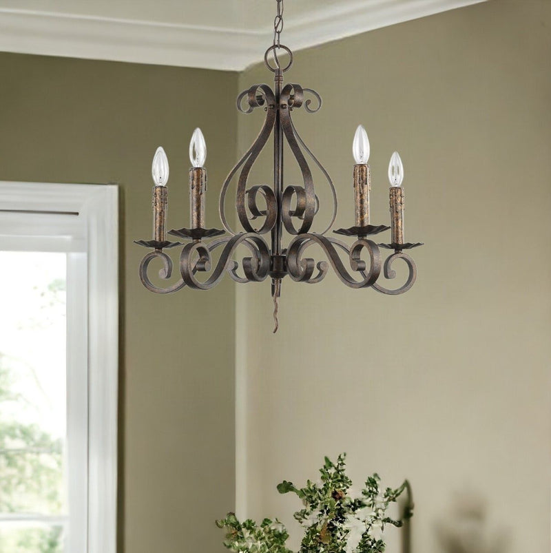 Candle Style Five Light Metal Dimmable Chandelier - Brown