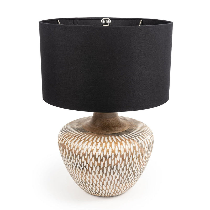 24" Solid Wood LED Table Lamp With Black Drum Shade - Brown / Off White