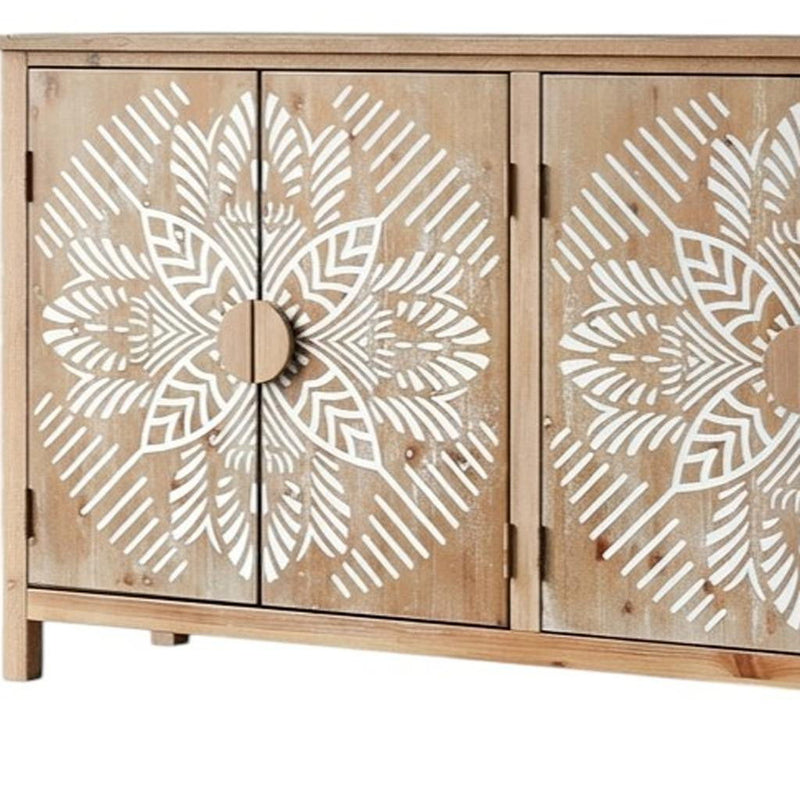 Wood Carved Floral Accent Cabinet With Four Doors - Brown / White