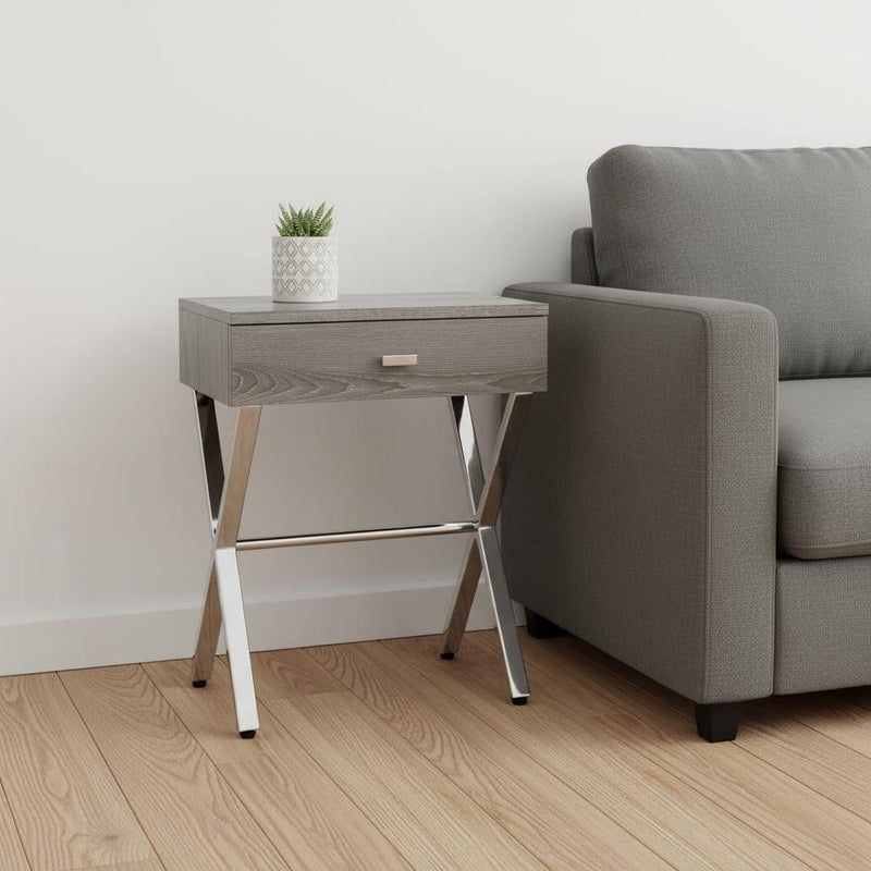 22" Taupe Wood And Metal End Table With Drawer - Silver And Deep