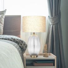 Load image into Gallery viewer, Aurora - Ribbed Lamp Base Clear Table Lamp Large Linen Shade - Beige / Clear / Gold
