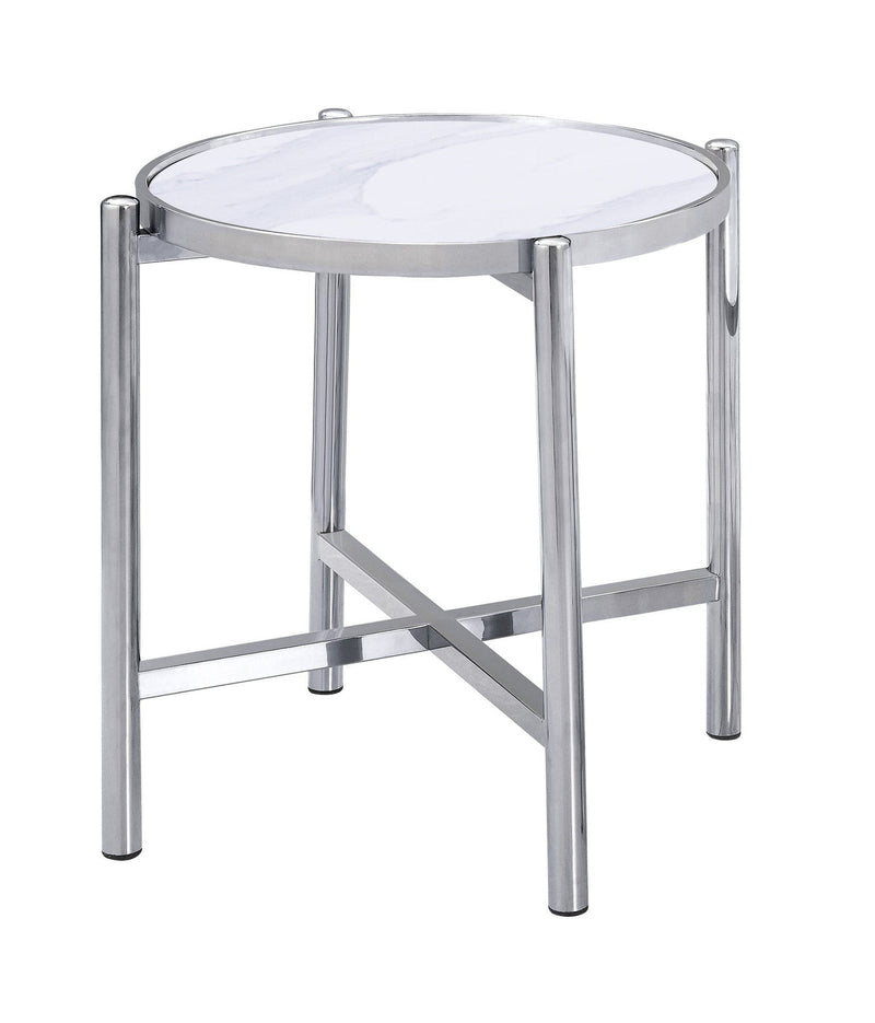 22" Faux Marble Ceramic And Metal Cross Legs Round End Table - White