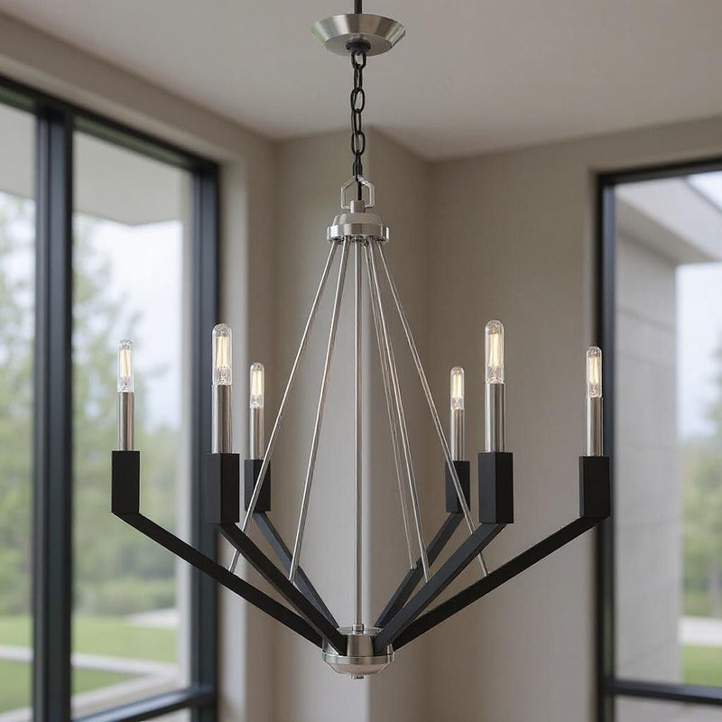 27" Six Light Dimmable Chandelier With Shades - Nickel