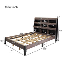 Load image into Gallery viewer, Mid Century Modern Style Queen Bed Frame with Bookshelf and LED Lights and USB Port, Walnut and Black
