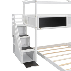 Twin over Full House Bunk Bed with Storage Staircase and Blackboard,White(Old SKU: GX001701AAK)