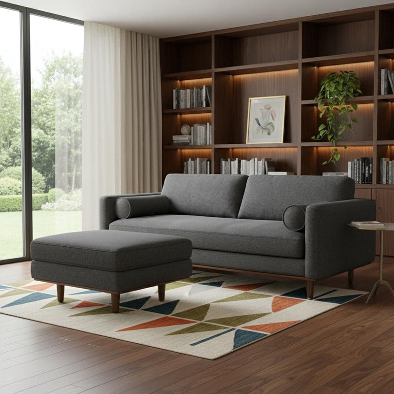 89" 2 Piece Living Room Set Fabric Sofa With Ottoman, Brown Legs - Gray