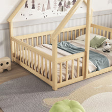 Load image into Gallery viewer, Wood House-Shaped Floor Bed With Fence, Guardrails
