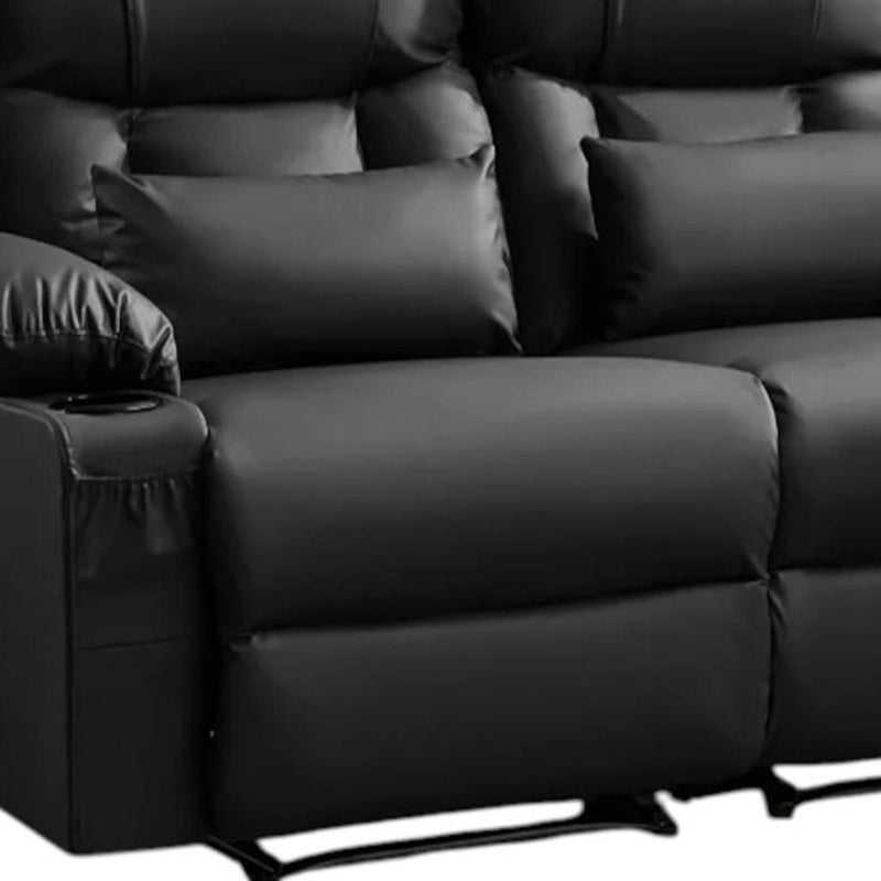 Faux Leather Manual Reclining Loveseat With Storage Toss Pillows - Black