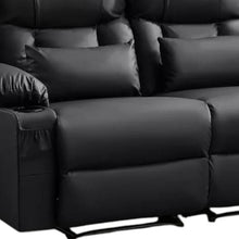 Load image into Gallery viewer, Faux Leather Manual Reclining Loveseat With Storage Toss Pillows - Black
