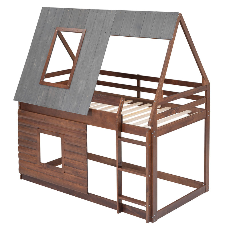Twin Size House Bunk Bed With Roof, Ladder And 2 Windows - Brown & Smoky Gray