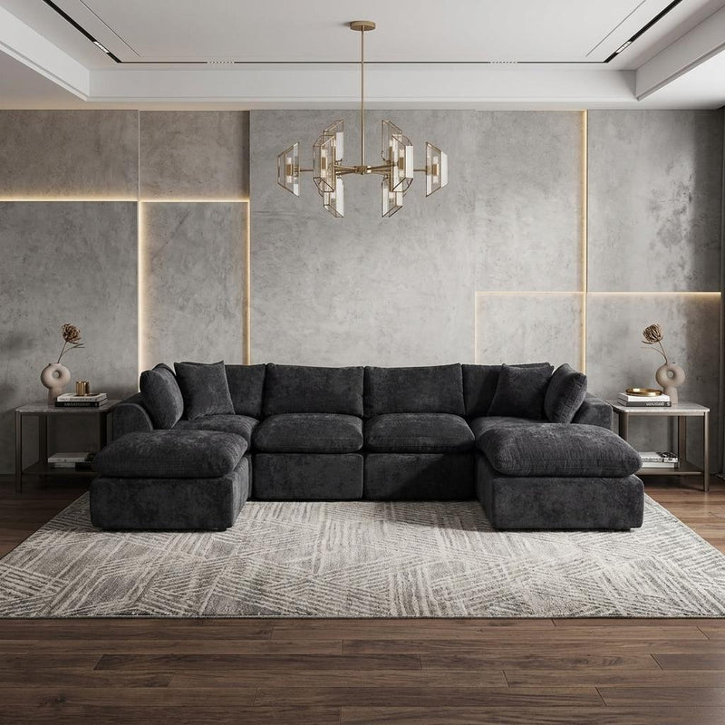 Chenille Modular Sofa With Ottoman And Toss Pillows - Black