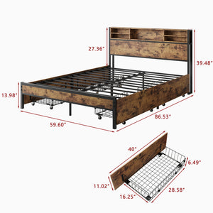 Queen Bed Frame with  Storage Headboard and 4 Drawers